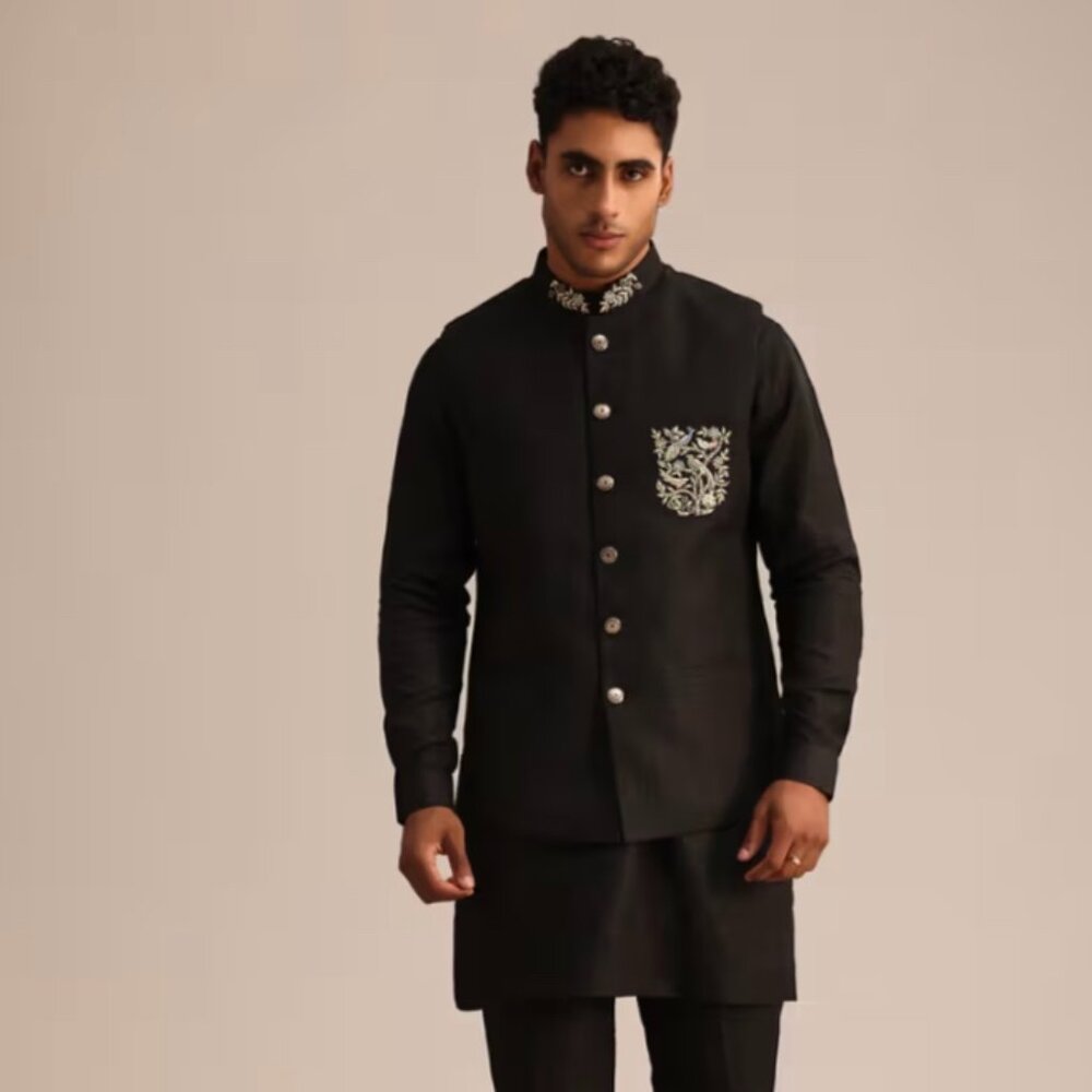 Black Embroidered Jacket Kurta Set – KALKI Fashion – Size S✨ Elegant & Worn Once